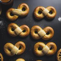 Homemade freshly baked soft pretzel on black backround. Traditional Bavarian pretzels for Octoberfest. Top view, copy space. AI Generative photo