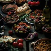 Mediterranean food on a dark wooden rustic background. AI Generative photo