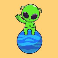 Cute Alien Sitting On Planet with Waving Hand Cartoon  Vector Icon Illustration. Science Technology Icon Concept  Isolated Premium Vector. Flat Cartoon Style