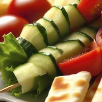 Close up of skewers of tomatoes cucumber cheese pita bread and lettuce on a plate. AI Generative photo