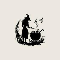 Young witch brews potion. Halloween witch illustration. Hand drawn sketch. vector