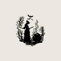 Young witch brews potion. Halloween witch illustration. Hand drawn sketch. vector