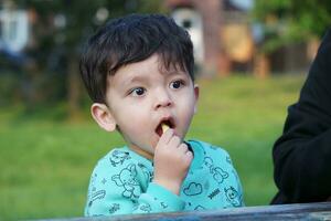 Cute Asian Pakistani Baby Boy is Eating in a Local Wardown Public Park of Luton City, England UK. Image Captured on July 23rd, 2023 photo