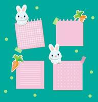 Cute kawaii notes. To do list. Little bunny with carrot. Beautiful planner for school. Flat vector set.