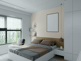 encantador ventana ver formar escandinavo cama habitación 3d representación foto