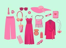 Pink trendy barbiecore set, pink aesthetic accessories and clothing vector