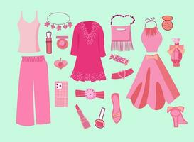 Pink trendy barbiecore set, pink aesthetic accessories and clothing vector
