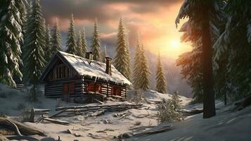 Beautiful Winter hut in a stunning alpine landscape winter scenery AI Generated Image photo