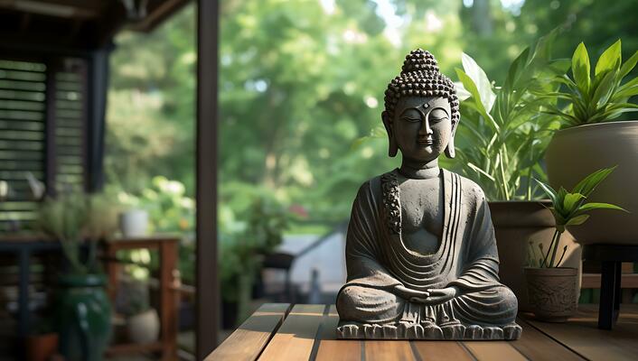 Little Buddha statue in blurred green bamboo zen jungle, friendly peaceful  tropical environment, fresh natural spa asian wallpaper. Mindfulness,  wellness, Inspiring concept. Generative AI Technology Stock Photo