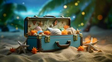 Travel suitcase with seashells and starfish on sand background AI Generated photo