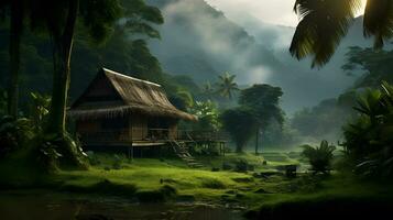 Village in the jungle with a wooden hut and palm trees AI Generated photo