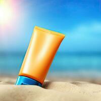 Sunblock Cream Tube On Summer Beach Advertisement Generative AI design. photo