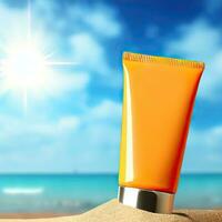 Sunblock Cream Tube On Summer Beach Advertisement Generative AI design. photo