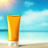 Sunblock Cream Tube On Summer Beach Advertisement Generative AI design. photo