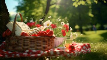 Picnic basket with bread, wine and flowers on green grass in park AI Generated photo