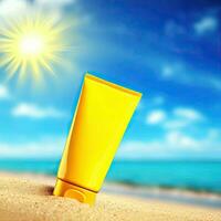 Sunblock Cream Tube On Summer Beach Advertisement Generative AI design. photo
