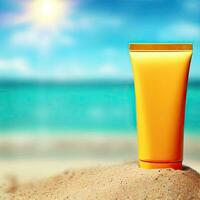 Sunblock Cream Tube On Summer Beach Advertisement Generative AI design. photo