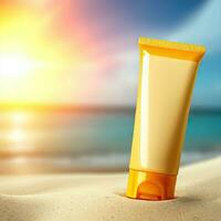 Sunblock Cream Tube On Summer Beach Advertisement Generative AI design. photo