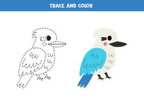 Trace and color cartoon kookaburra. Worksheet for children. vector