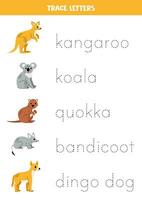 rastreo letras con linda australiano animales escritura práctica. vector