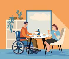 Person with disabilities in public place. Friends in wheelchairs sitting in cafe, drinking coffee and talking. Metaphor of introduction into modern society. Cartoon flat vector illustration