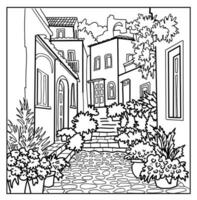 Coloring book . Lovely cozy old seaside street . Vector art line background.