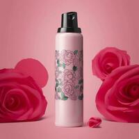 Amazon Product Picture Body Wash, Cylinder Bottle Solid Color pink background, with roses, AI Generative photo