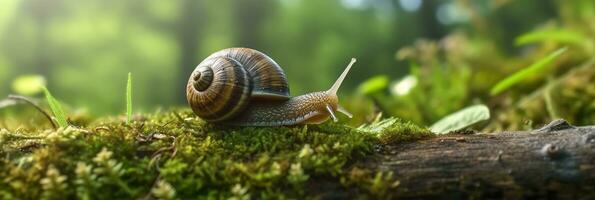 un viaje mediante el bosque. de cerca de un caracol en el bosque con natural antecedentes. ai generativo foto