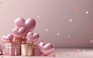 Happy Valentines Day banner. Pink and gold hearts foil balloons with gifts on pink bokeh. Valentine's Day background. Romantic banner Background, empty space for text,  AI Generative photo