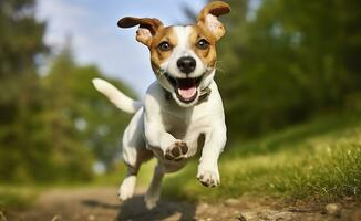 Jack Russel Parson Dog Run Toward The Camera Low Angle High Speed Shot. AI Generated photo