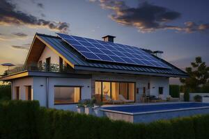 Modern house with blue solar panels on the roof. End of the day, sunset. AI Generated photo