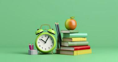 popular Arte ilustración de colegio accesorios con manzanas, libros, y un alarma reloj en el colegio antecedentes. espalda a colegio concepto. 3d representación, ai generativo foto