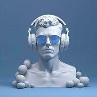 mínimo escena de Gafas de sol y auriculares en humano cabeza escultura, música concepto, 3d representación. ai generativo foto