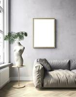 Mockup frame in contemporary Scandinavian living room interior, 3d render. AI Generative photo