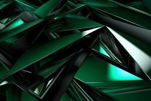 Abstract metallic green sapphire silver triangular pattern. 3d render illustration of modern geometric wallpaper.AI generated, Generative AI. photo