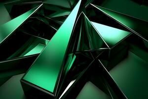Abstract metallic green sapphire silver triangular pattern. 3d render illustration of modern geometric wallpaper.AI generated, Generative AI. photo