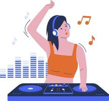 plano diseño de mujer jugando DJ música en el mesa vector