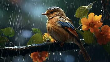 Bird on a branch in the rain with yellow flowers in the background AI Generated photo