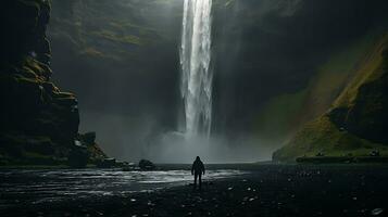 Silhouette of a man in front of a waterfall in Iceland AI Generated photo