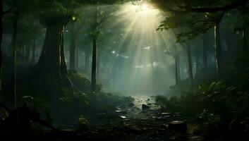 Fantasy forest with fog and sunbeams AI Generated photo