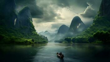 fantasía paisaje con un barco en el río y karst montañas ai generado foto