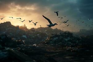 Garbage dump with flying seagulls. Pollution environment concept AI Generated photo