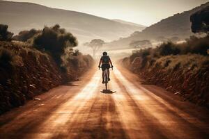 A man with a backpack walks along a dirt road in the countryside AI Generated photo