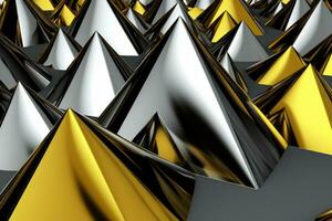 Abstract metallic yellow sapphire silver triangular pattern. 3d render illustration of modern geometric wallpaper.AI generated, Generative AI. photo