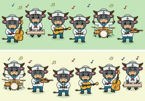 Vector Illustration of Cute Buffalo sailors Music Band. Big set of cute Animal cartoon in professions. Cartoon flat style.