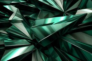 Abstract metallic green sapphire silver triangular pattern. 3d render illustration of modern geometric wallpaper.AI generated, Generative AI. photo