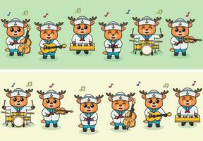 Vector Illustration of Cute Deer sailors Music Band. Big set of cute Animal cartoon in professions. Cartoon flat style.