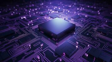 Closed up of CPU on the circuit board with purple lighting. Technology, innovation and future concept.AI generated, Generative AI photo
