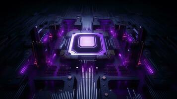 Closed up of CPU on the circuit board with purple lighting. Technology, innovation and future concept.AI generated, Generative AI photo