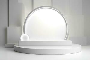 3D stage podium with minimal geometric shape.White color tone.3D render for product showcase,promotion and cosmetic product.AI Generated photo
